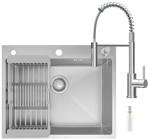 CECIPA Évier Cuisine 1 Bac 60x49cm, Inox 304, Couche isolante phonique EVA | Installation sur plan ou Affleurante, Avec Distributeur Savon, Panier de Vidange, Siphon et évacuation, pour meuble 60 cm+