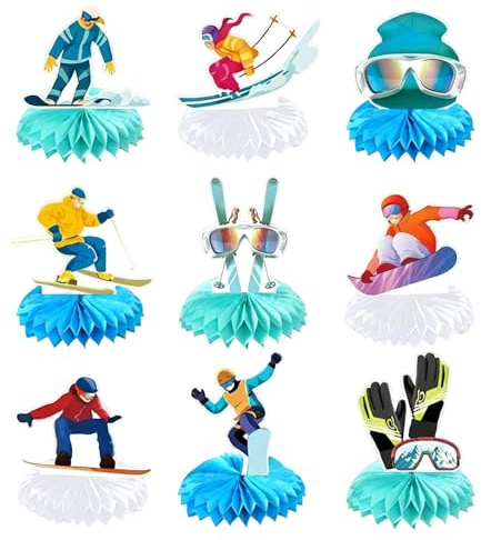 TYUKXJH Skifahren Honigwaben Tischdekoration, Party Dekoration Mit Skifreunde Motiv - Skifahrer Geburtstagsdekoration, 9-Teilige Winter Sport Thema Skifahrer Dekorationens, Für Geburtstagsfeiern