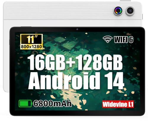 Laptok Tablet 11 Pollici, 16GB RAM + 128GB ROM Espandibile fino a 1TB, Batteria 6800mAh Android Table, tDisplay IPS HD 1280×800, WiFi 6, Bluetooth5.3, 5MP+8MP, Widevine L1, Bianco