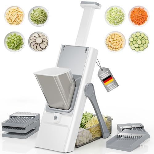 Sichere Mandoline 5 in 1, Gemüseschneider & Kartoffelschneider mit abnehmbaren Klingen | Erzeugt Scheiben, Würfel, Streifen, Raspel | Spülmaschinengeeignet, leicht zu reinigen (grau)