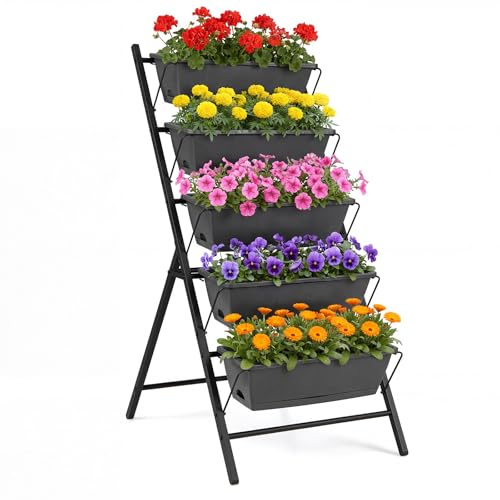 COSTWAY Jardinière Verticale Surélevée à 5 Niveaux sur Pied, Bac à Fleurs Autoportante avec 5 Bacs de Plantation et Trous de Drainage Plateau Amovible, pour Jardin Balcon Terrasse (Noir)