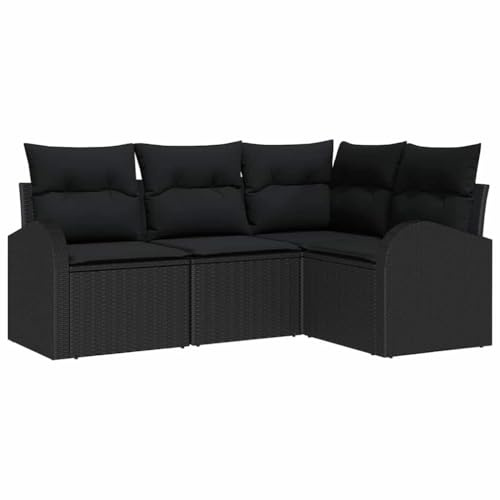 HGKMBRY Modulares Gartensofa Set 4-teilig mit Kissen, schwarzes Poly-Rattan Sofa Set mit Eck- und Mittelteil sowie Zwei Armlehnen-Sofas auf pulverbeschichtetem Stahlrahmen für Terrasse