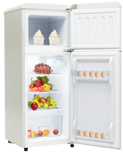 ZHOMGG Frigo Congélateur Retro à 2 Porte,Mini Frigo 92L,Réfrigérateur 105cm | 28 Litres de Volume de Congélation,-27°C à ~13°C, 7 Niveaux de Température, LED, Etagères Réglables, Frigo de Chambre