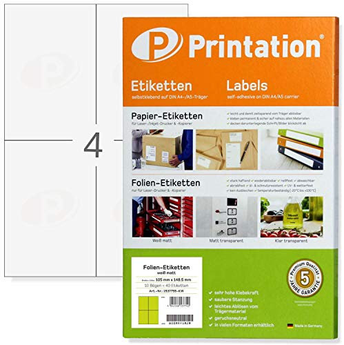 Printation 105 x 148,5 mm Wetterfeste Folienetiketten 105 x 148,5 mm weiß matt - 10 Blatt - 4 Etiketten selbstklebend pro A4 Bogen A6 40 Klebeetiketten bedruckbar 105x148,5 Laser Drucker wasserfest