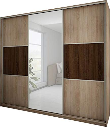 FurnitureByJDM Modern, 3 Sliding Door Mirrored Wardrobe Width: 240cm Height: 216cm Depth: 65cm (RICO - 240cm Mirrored Sonoma Oak Light/Dark)