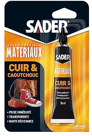 Sader Colle pour Cuir et Caoutchouc – Colle Contact Type Néoprène – Colle de Réparation – Prise Immédiate – Haute Résistance à l'Humidité et à la Chaleur – Formule Gel – Tube 30 ml