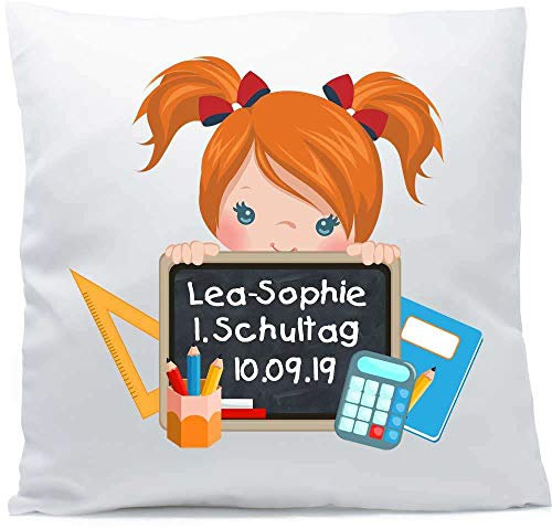 Kissen mit Namen Einschulung Mädchen rote Haare 40x40 cm inkl. Füllung Kuschelkissen Wunschtext Schulanfang, Kissen Farbe:Vorderseite weiß/RS rot