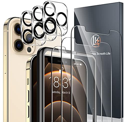 LK 3 + 3 Hartglas, kompatibel mit iPhone 12 Pro (6,1 Zoll), 3 Displayschutzfolien und 3 Rückseitenschutz, kratzfest und blasenfrei, mit Installationsrahmen (Ultra-HD)