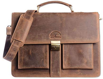 WILD WOODS Original Aktentasche Leder XL mit Laptopfach 15,6 Zoll große Ledertasche zum Umhängen aus Büffelleder Braun Vintage