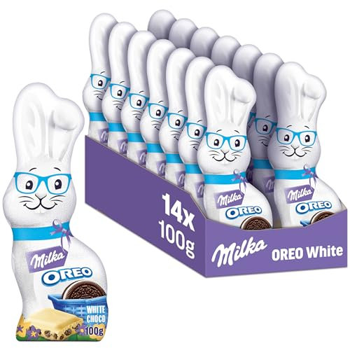 Milka Schmunzelhase OREO White 14 x 100g I Osterschokolade Großpackung I weiße Schokolade mit OREO-Keksstückchen I Osterhasen Schokolade aus 100% Alpenmilch