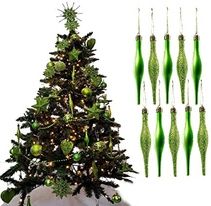 Simply Products 10 Droplet Baubles - Great Christmas Tree Decoration, Matte & Glitter Icicle Baubles (Lime Glitter & Matte)
