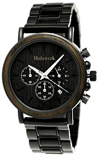 Holzwerk Germany Handgefertigte Designer Herren-Uhr Öko Natur Holz-Uhr Chronograph Armband-Uhr Analog Quarz-Uhr Braun Schwarz Datum Holz Ziffernblatt (Holzwerk.Braun-Schwarz.)