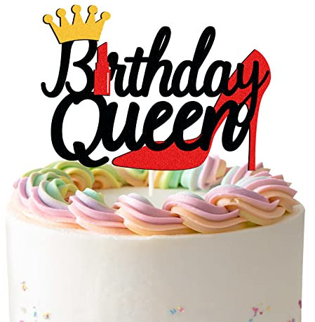 Black Red Glitter Birthday Queen Cake Topper,Lipstick High Heels Queen Theme Cake Decor,Queen Birthday Party Decorations Supplies For Women Girl