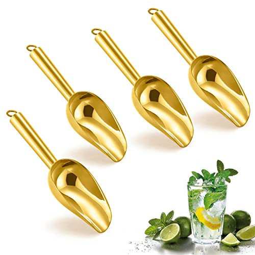 Herogo 85 ml Mini-Eisschaufel, 4 Stück, kleine Edelstahl-Schaufel für Süßigkeiten/Mehl/Bohnen/Tierfutter/Eiswürfel, Metall-Utility-Schaufeln für Küche, Bar, Party, spülmaschinenfest und robust, Gold