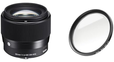 Sigma 351965 56mm F1,4 DC DN Contemporary Objektiv(55mmFiltergewinde) fürSony-EObjektivbajonett & Walimex Pro UV-Filter Slim MC 55 mm (inkl. Schutzhülle)