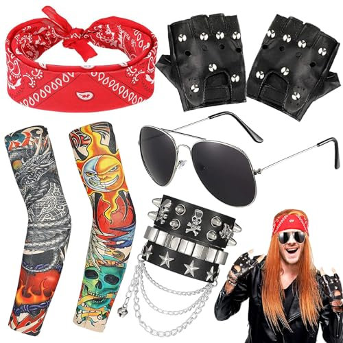 lankai 5 Stück Disco Kostüm Zubehör, Punker Kostüm, Rocker Kostüm, Rocker Kostüm Herren Rockstar Kostüm Kinder, Hip Hop Kostüm Kit, 70er, 80er, 90er Jahre, Herren-Heavy-Metal-Disco-Bekleidungszubehör
