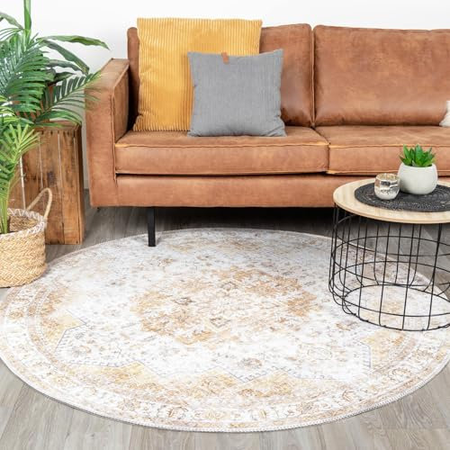 FRAAI | Home & Living Teppich Vintage Rund - Lago Gelb - Baumwolle, Polyester - Flachgewebe - Vintage - Orientalisch - Wohnzimmer, Esszimmer, Schlafzimmer - Carpet