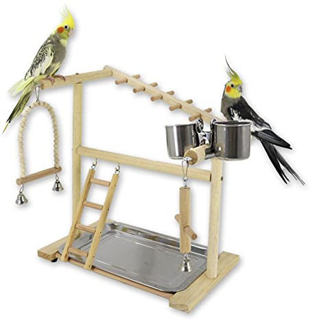 WishesMar Bird Playground Parrot Play Stand with Feeder Cup Swing Climb Ladder and Tray Budgie Playground Cage Exercise Gym Toys for Parakeets Cockatiel, Wooden, Size about 15.5x14.5x9.0 In