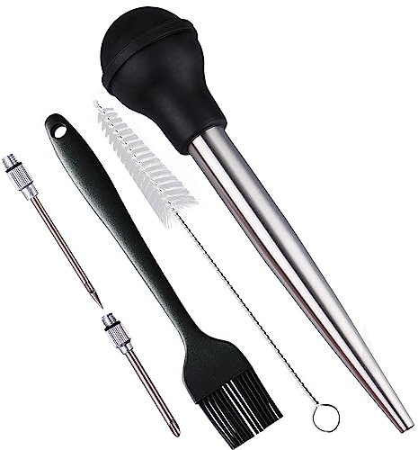 SPUVGVC Turkey Baster, Baster Syringe for Cooking, Baster with Cleaning Brush &BBQ Brush&Marinade Needles, Stainless Steel Turkey Baster with Silicone Bulb, Baster for Home Baking&Kitchen Black