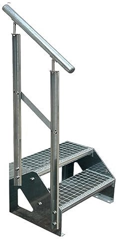 Escaleras de zanca de acero 2 Escalones Independiente Totalmente galvanizada con barandilla a la izquierda - Medidas (L x A x A) 44cm x 60cm x 38cm Resistente a la intemperie y la corrosión