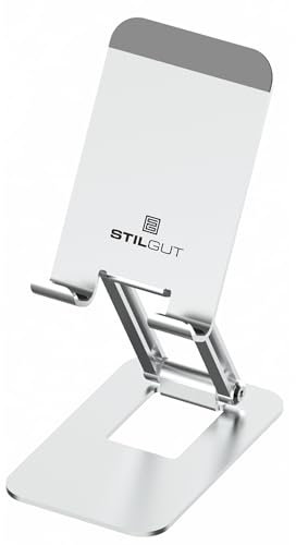 STILGUT Verstellbarer Handy Ständer für den Tisch, Klappbarer Handy Halterung aus Aluminium, kompatibel mit iPhone 15 14 13 12 11 Pro Xs X 8, Galaxy, alle Smartphones, universal, Square Silber