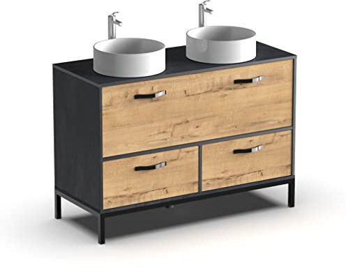 Muebles Pitarch | Set mobile da bagno doppio con 2 lavabi in ceramica inclusi, larghezza 120cm, industriale, Nero e Rovere, con struttura a piedi, 2 cassetti e 1 porta, per lavabi da appoggio