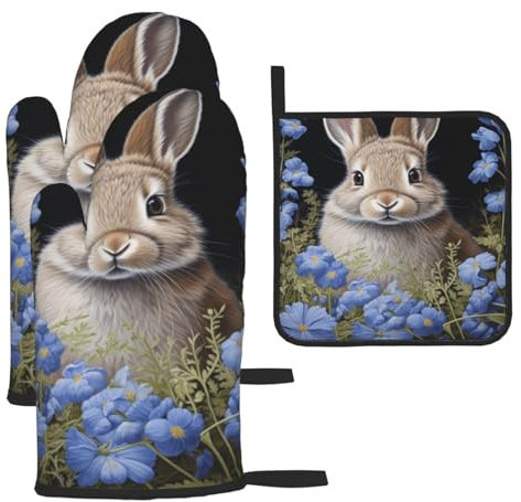 Ofenhandschuhe und Topflappen mit niedlichem Hasen-Motiv, hitzebeständige Ofenhandschuhe zum Kochen, Backen, Küche, Grillen
