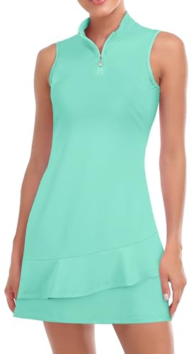 Viracy Women's Tennis Dress, Sleeveless, with Shorts and Pockets, Ruffles, Zipper, Mock Neck, Golf Outfits, XL