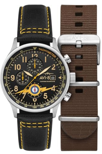 AVI-8 Hawker Hurricane AV-4011 Herren-Chronograph, japanische Quarzuhr mit Lederband, 42 mm, Lightning Orange, Klassischer Chronograph