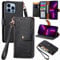 VEEMOS Zipper Wallet Case for Apple iPhone 13 Pro Phone Case with Purse Card Holders RFID Blocking Leather Flip Case Book Cover Wrist Strap Women - Black