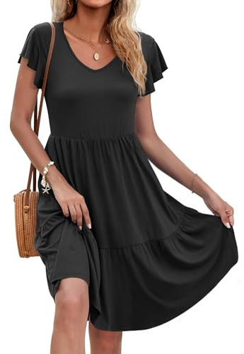 AUSELILY Women Summer Dress Ruffle Petal V-Neck Sundress Short Sleeve Casual Dress with Pockets Black L