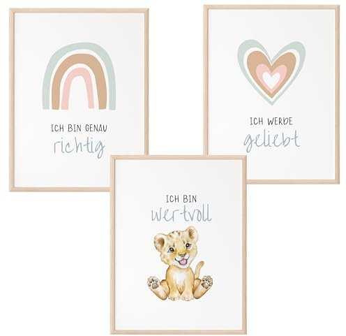 Mutzauber 3er Set Poster Kinderzimmer A4 | Bilder Kinderzimmer | Deko Babyzimmer Jungen Mädchen | Bilder Bär Tiere Affirmationsposter Affirmationen ohne Rahmen (Löwe türkis)