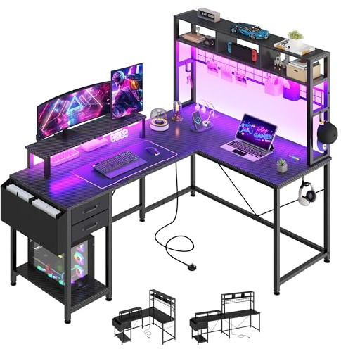 YITAHOME L Shaped 150cm Gaming Desk with Drawers Shelves LED Power Black | Reversible home office corner computer desk, 3 sockets, 2 USB, 7-color RGB LED, monitor stand, side pocket. Wood, metal
