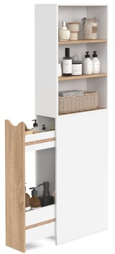 IDMarket - Meuble Colonne Salle de Bain TOMI 2 Niveaux Gain de Place | Avec tiroirs et 3 étagères, coloris façon hêtre et blanc