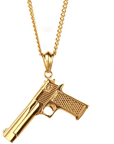 PAURO Edelstahl Herren CS Gun Ornamente Anhänger Pistole Hip Hop Punk Halskette für Biker Golden mit Kette