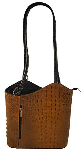 Freyday 2 in 1 Handtasche Rucksack Henkeltasche aus Echtleder in versch. Designs HR03 (Kroko Cognac-Schwarz)