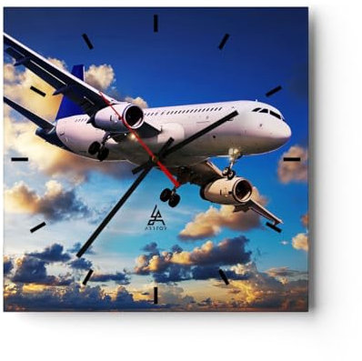Modern Wanduhr Flugzeug Flug Reise Fahrzeug 40x40cm Quadrat Groß Wand Uhr Glas Analog Zimmeruhren Küche Büro Wohnzimmer Glasuhr Wall Clock Dekoration Design Wanddekoration Küchenuhr C3AC40x40-2445