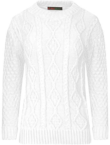 Red Olives Ladies Womens New Chunky Diamond Cable Knitted Long Sleeve Sweater Pull Over Jumper Top (12/14, White)