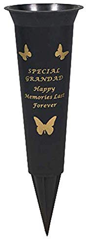 Memorial Graveside Spiked Flower Vase with Gold Lettering Butterfly Decoration Durable Plastic, Weatherproof and Frostproof, Ideal for Fresh or Dried/Artificial Flowers (One Piece, Grandad)
