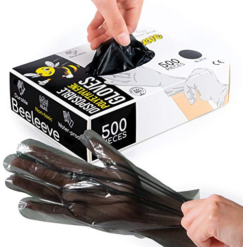 Beeleeve PE Einweghandschuhe aus Plastik [500-Box] – Universalgröße - Farbvarianten – Einmalhandschuhe, Handabdeckungen für die Lebensmittelhandhabung, Zubereitung, Kochen, Wasserdicht (c-Schwarz)