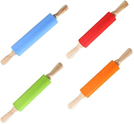 Rouleau à pâtisserie en silicone, en bois, antiadhésif et lisse, pour la cuisine, la pâtisserie, les enfants (4 couleurs)