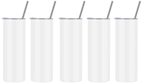 UKPress Sublimation Skinny Tumbler 20oz Blank with Straw and Lid Stainless Steel Double Wall Vacuum Insulated Tumbler for Heat Transfer (White, 5)