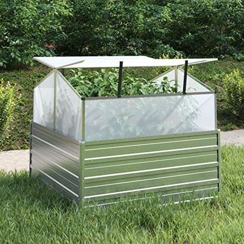 Gecheer Garten Hochbeet mit Gewächshaus Pflanzkasten Frühbeet Beetaufsatz Kräuterbeet Blumenkasten Pflanzkübel Silber 100x100x85 cm