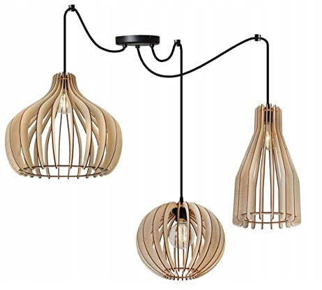 Light-Home Timber Spider Hängelampe - Hängeleuchte in Spinnenform - Deckenlampe für Wohnzimmer Schlafzimmer und Esszimmer – Spinne Lampe mit 3 Kopf - Pendelleuchte aus Metall und Holz - E27 - Mix II