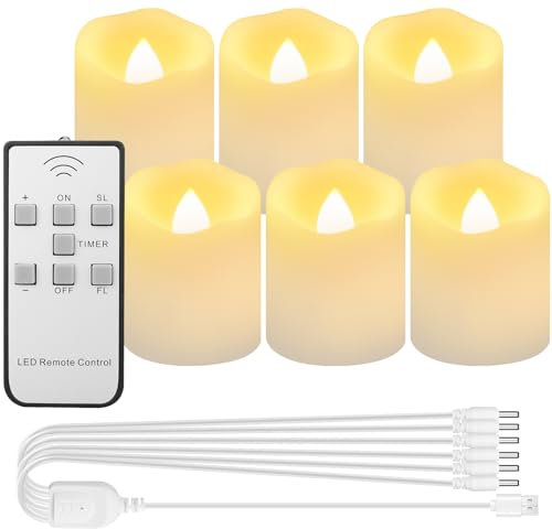 MI CASA Rechargeable LED Candles with Remote Timer Set of 6, Battery Operated LED Flameless Flickering Tea Lights with Frosted Cups and 6 Ports USB Charger for Home Wedding Halloween Christmas Decor