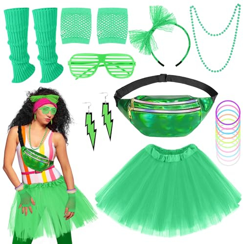 SOMSOC 18 Pieces 80s Women's Costume Halloween Accessories Set Include Tutu Headband Necklace Gloves Eyeglasses Leg Warmers Green