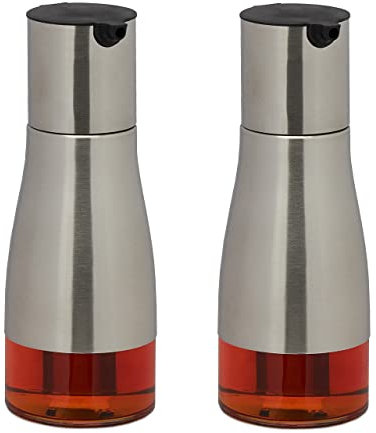 Relaxdays Essig- und Ölspender Set, 2 Glasflaschen, 300 ml, Ausgießer, Olivenöl & Vinaigrette, leere Ölflasche, silber
