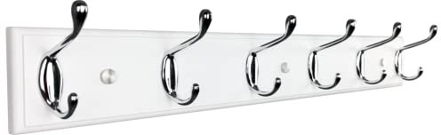 mapeoes Wandgarderobe mit 6 Haken, Holz 58cm Garderobenleiste, weißen und Silber Chrom Hakenleiste, moderner Wandhänger für Eingang, Flur, Schlafzimmer,Kleiderhaken
