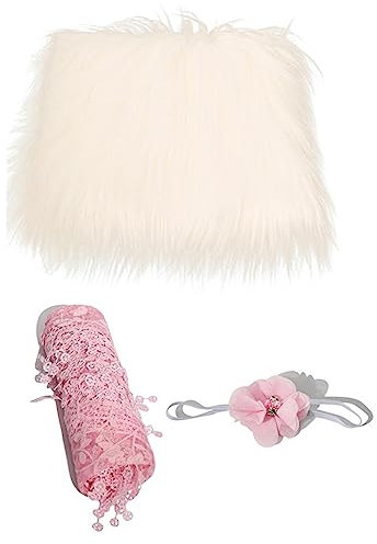 Nicoone Newborn Photography Props Headband Blanket Wrap Set,3pcs Fluffy Blanket Stretch Knit Wrap Flower Headband Baby Photo Props Favors for Baby Boys and Girls
