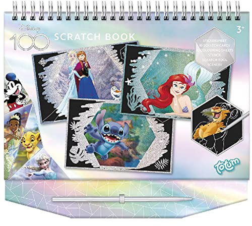 Totum Disney 100 Scratch Book & Colouring Stencils and Glitter Stickers with Anna & Elsa, Mickey Mouse, Simba, etc. Activity Book for at Home and on The go